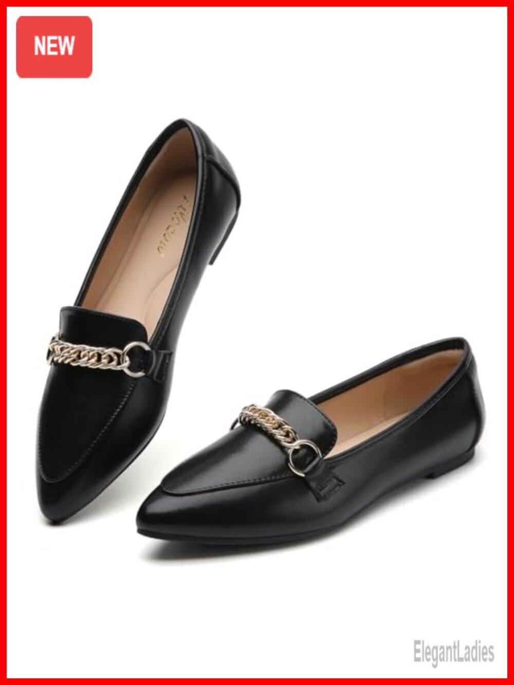 Women's Pointed Toe Loafers Flats Faux Leather Chain Work Dress Shoes